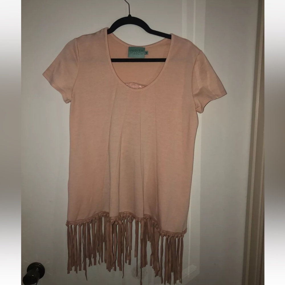 Judith March Ladies Boutique Size M Short Sleeve Shirt Pink Fringe Lace Detail